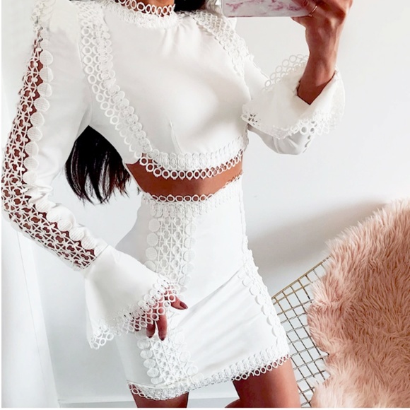 White Lace Crochet 2 Piece Coord Set Blouse Skirt - Picture 2 of 8